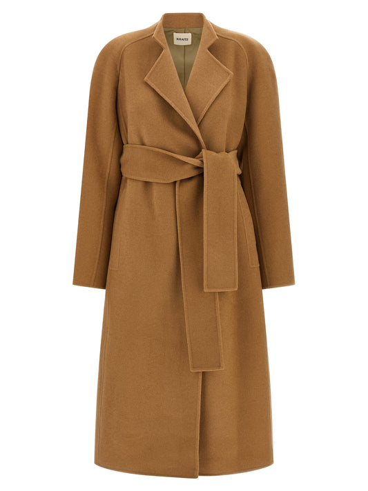 Overcoat by Khaite for women in plush wool brown features an satoral silhouette, showcasing a sophisticated and satoral pockets for a premium, timeless look.