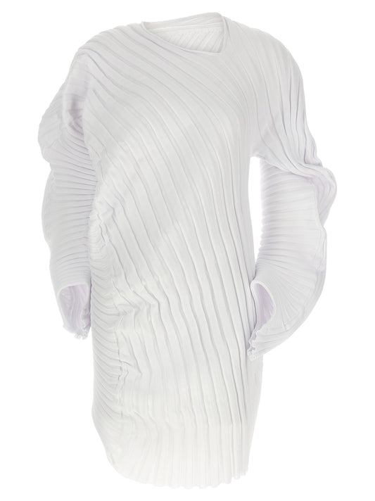 Dress by Issey Miyake for women in polyester white & patterned features an cute silhouette, detailed with a long-sleeve and boat neckline that elegantly flows into a cute midi.