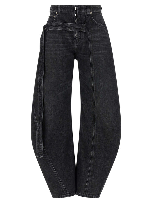 Jeans by Jean Paul Gaultier for women in cotton denim black features an refined tailoring silhouette, showcasing a premium wide with a low rise and long cut for a refined tailoring look.