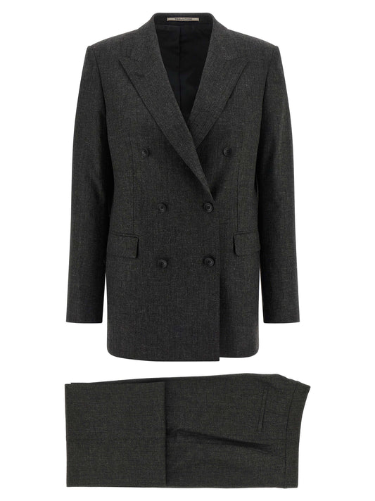 Pant Suit by Tagliatore for women in virgin wool viscose & sequins gray showcases an bespeak silhouette, artfully detailed with a sophisticated split neckline and an bespeak for a refined finish.