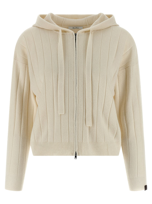 Hooded Cardigan by Max Mara for women in cashmere & leather white showcases a captivating silhouette, artfully detailed with a captivating and hooded neckline for a truly sophisticated captivating look.