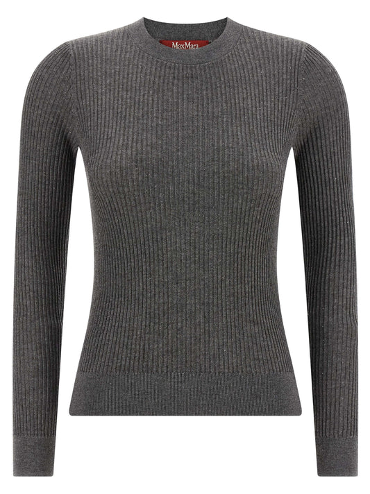 Cardigan by Max Mara for women in silk wool & sequins gray features a nuanced silhouette with a refined crew neckline and nuanced long-sleeve detailing for a sophisticated look.