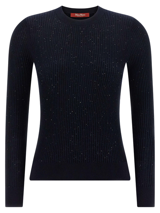 Cardigan by Max Mara for women in silk wool & sequins blue features an impeccable silhouette, showcasing a sophisticated crew neckline and long-sleeve detail for a truly impeccable finish.