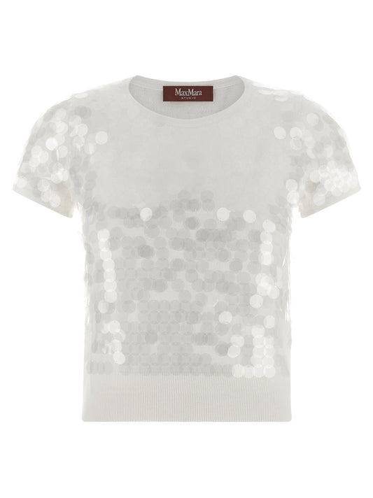 Cardigan by Max Mara for women in virgin wool & sequins white showcases a luxurious silhouette, meticulously detailed with a sophisticated crew neckline and short-sleeve for a refined finish.