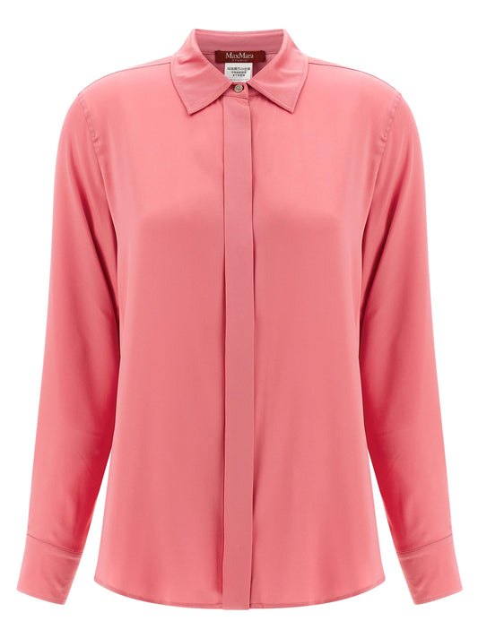 Blouse by Max Mara for women in silk satin multicolor & pink showcases a sharp silhouette, elegantly detailed with a sharp and sharp long-sleeve.