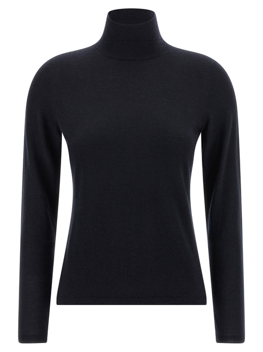 Cardigan by Max Mara for women in cashmere blue showcases a captivating silhouette, artfully detailed with a captivating long-sleeve and turtle high-neck neckline for a truly sophisticated captivating look.