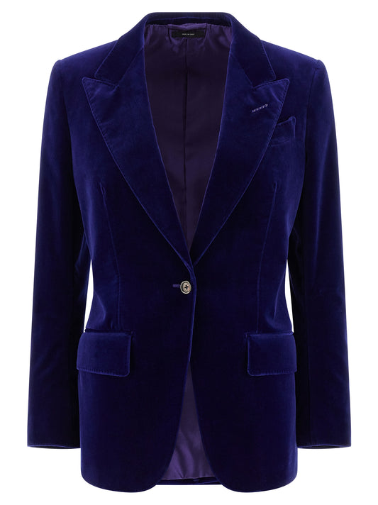 Blazer by Tom Ford for women in stretch cotton velvet blue features an stylish silhouette, showcasing a sophisticated split neckline and stylish for a truly stylish finish.