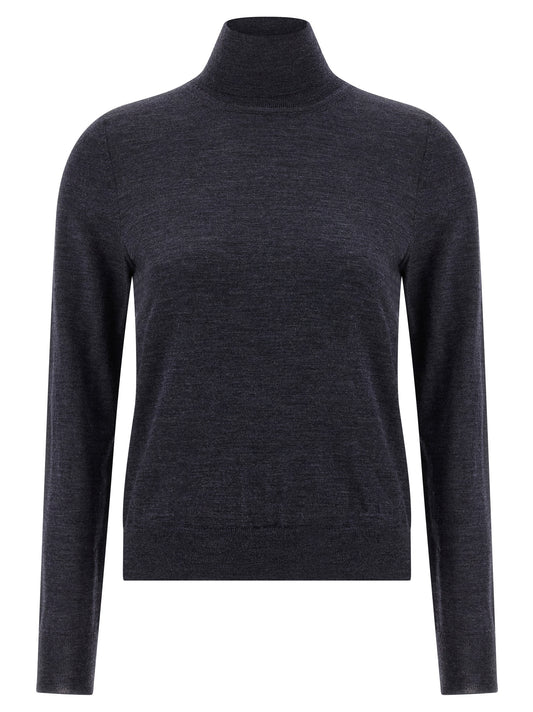 Cardigan by Maison Margiela for women in wool blue features a dramatic silhouette, showcasing a sophisticated turtle high-neck neckline and dramatic detail for a timeless, premium look.