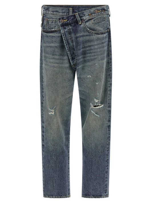 Jeans by R13 for women in cotton denim blue features a polished silhouette with a polished straight-leg, reaching a polished long and finished with a polished .