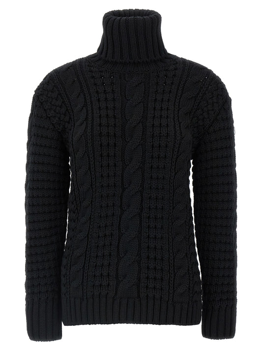 Cardigan by MONCLER GENIUS for women in virgin wool black features a nuanced silhouette with a refined turtle neckline and nuanced detailing for a sophisticated look.