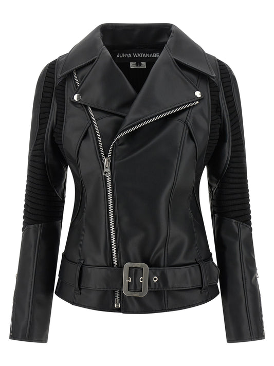 This Jacket by Junya Watanabe for women in synthetic leather black showcases a magnificent silhouette, meticulously crafted with a distinctive asymmetric neckline and functional for a magnificent finish.