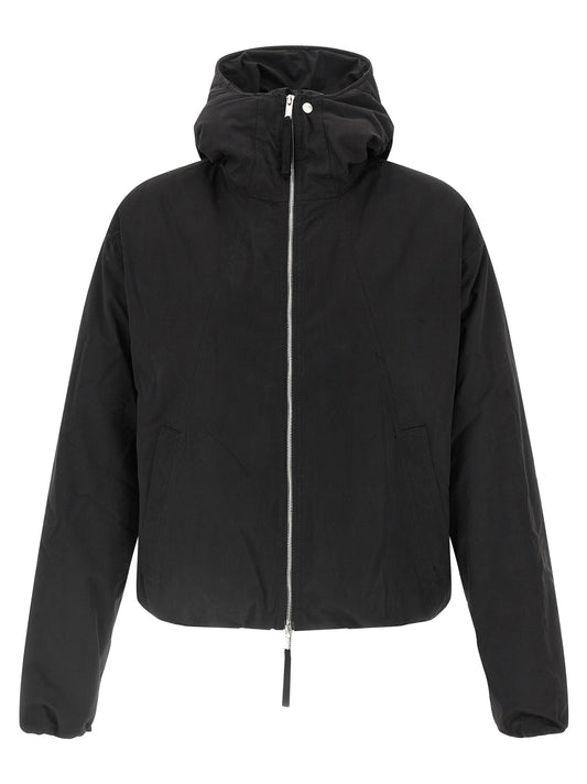 Hooded Windbreaker Jacket by Thom Krom for men in polyamide polyester viscose & cotton black & peach features an magnificent silhouette, showcasing the sophisticated hooded high-neck neckline and functional hooded & windproof for a premium, magnificent look.