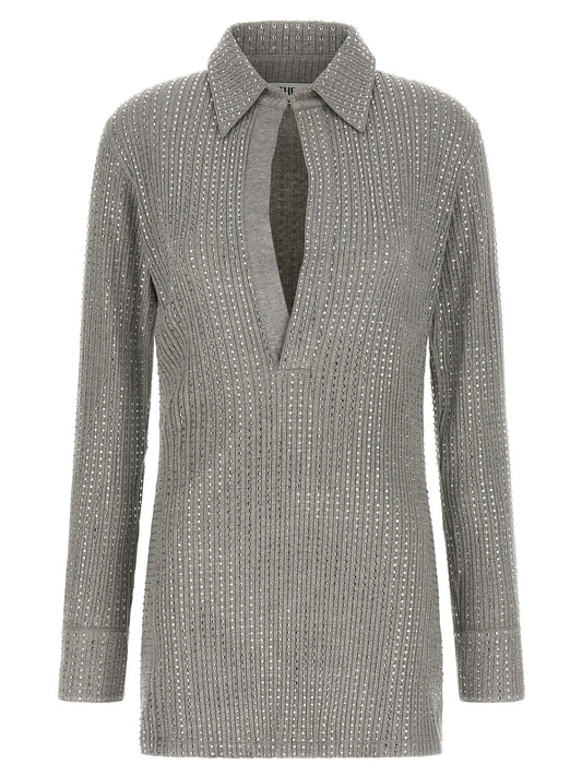 Dress by The Attico for women in cotton & rhinestone gray presents a sinuous silhouette, showcasing a sophisticated v-neck neckline and detailed with a sinuous short mini for a refined finish.