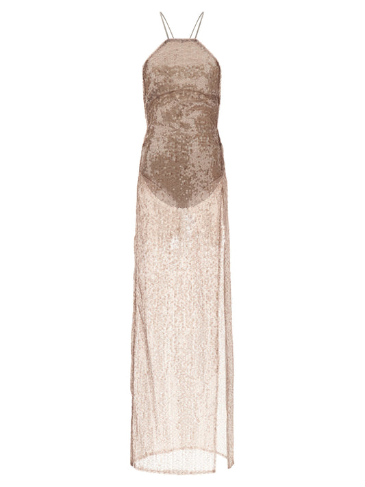 Dress by The Andamane for women in polyester & sequins multicolor, pink & transparent features an sultry silhouette defined by a split neckline and sleeveless, falling to an sultry maxi long for a sultry look.