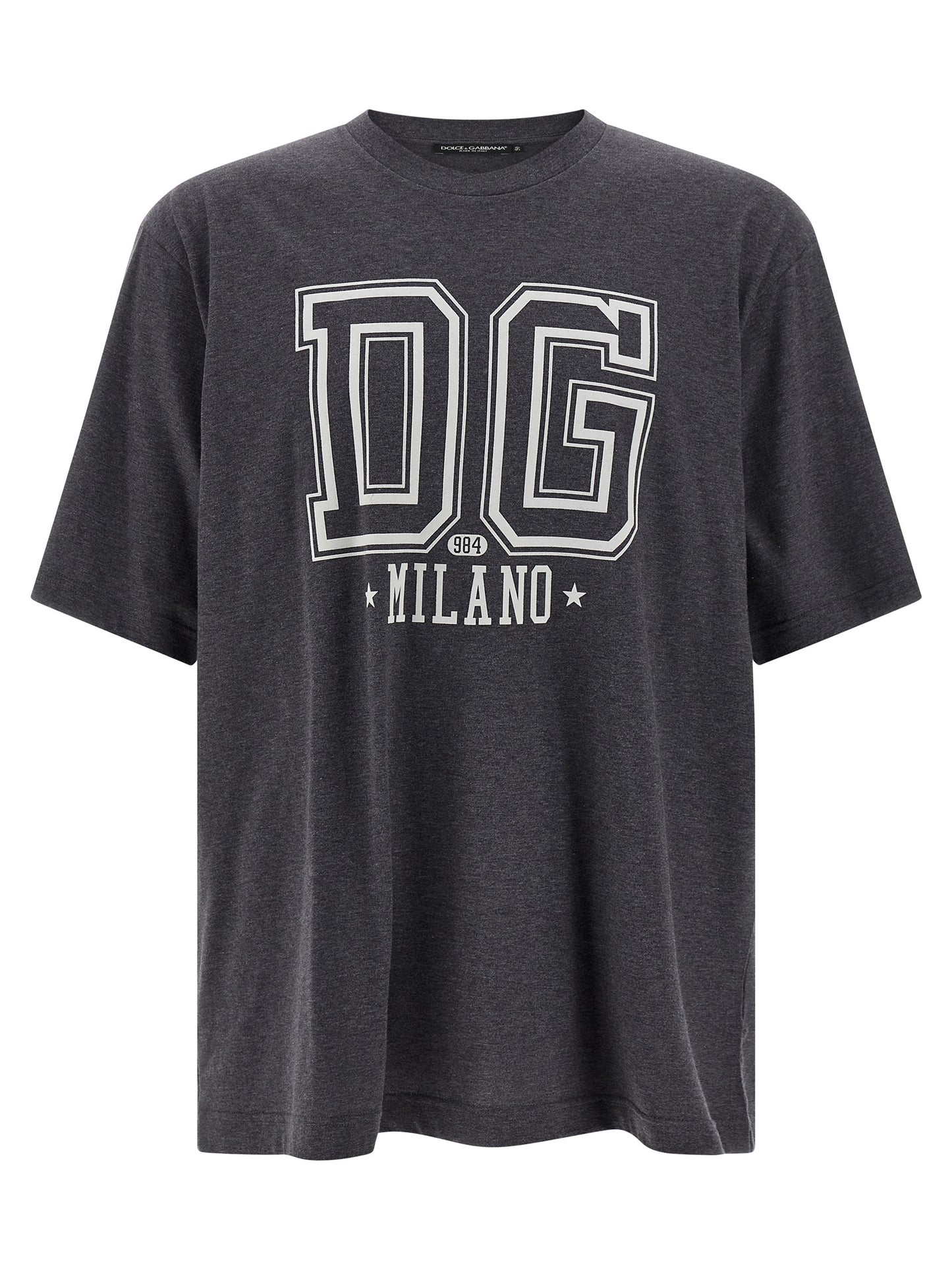 T-Shirt by Dolce & Gabbana for men in cotton gray & print showcases a dramatic silhouette, elegantly detailed with a dramatic crew neckline and short-sleeve for a truly dramatic finish.