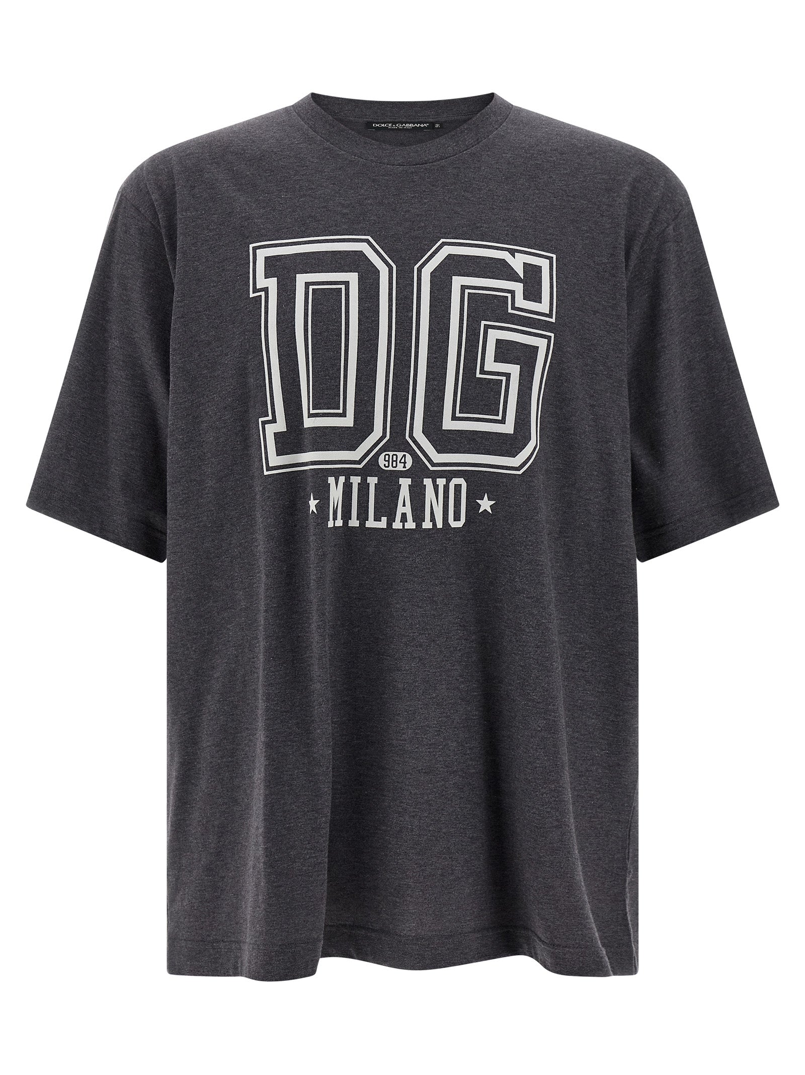 T-Shirt by Dolce & Gabbana for men in cotton gray & print showcases a dramatic silhouette, elegantly detailed with a dramatic crew neckline and short-sleeve for a truly dramatic finish.