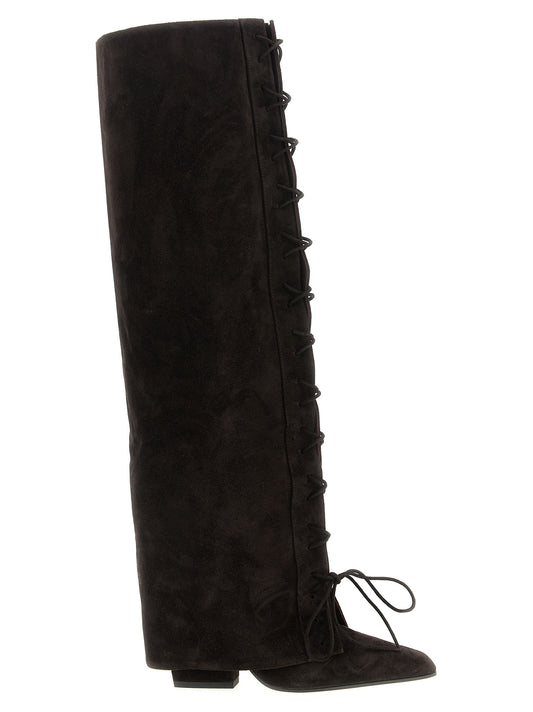 Lace-Up Over-The-Knee Boots by Paris Texas for women in calfskin leather brown showcases a ergonomic silhouette from the Women's Calfskin Leather Lace-Up Over-The-Knee Boots collection, featuring a ergonomic and a ergonomic .