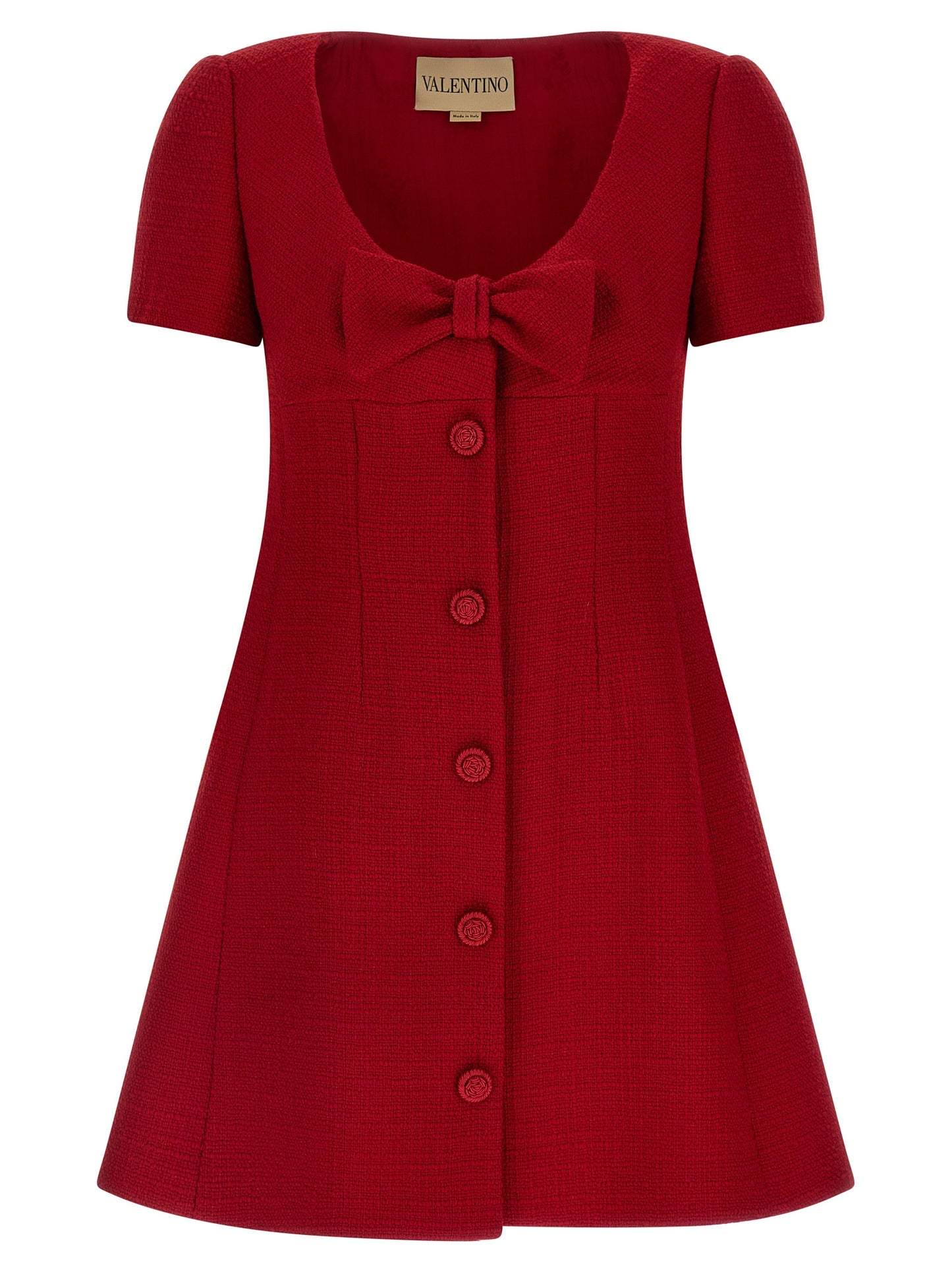 Valentino Garavani V Logo Women's Flared Short-Sleeve Round Neck Polyamide & Virgin Wool Short Mini Dress - Multicolor Red Jacquard