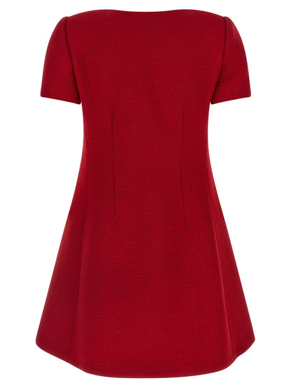 Valentino Garavani V Logo Women's Flared Short-Sleeve Round Neck Polyamide & Virgin Wool Short Mini Dress - Multicolor Red Jacquard