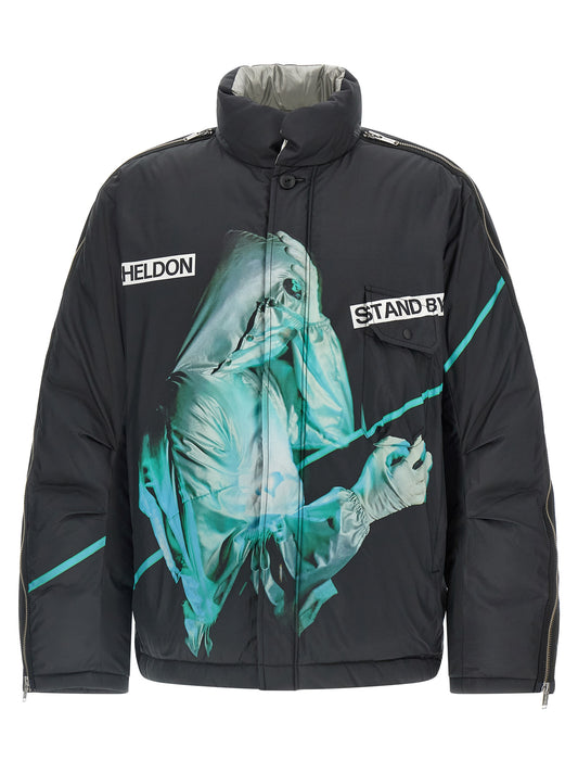 Puffer Jacket by Undercover for men in nylon & polyester black & print features a city-ready silhouette, detailed with insulated & windproof and a city-ready high-neck neckline.