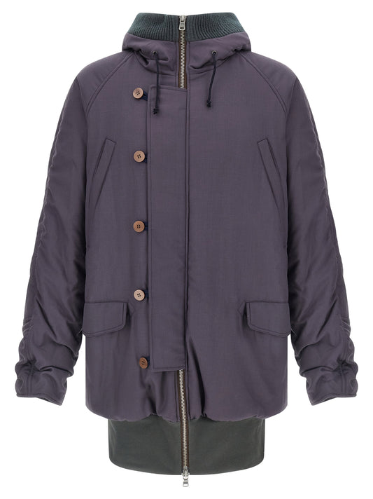 This Hooded Parka by Magliano for men in virgin wool & cotton purple presents a utilitarian silhouette, meticulously detailed with pockets, hooded & insulated and a utilitarian hooded neckline for a sophisticated, weather-ready look.