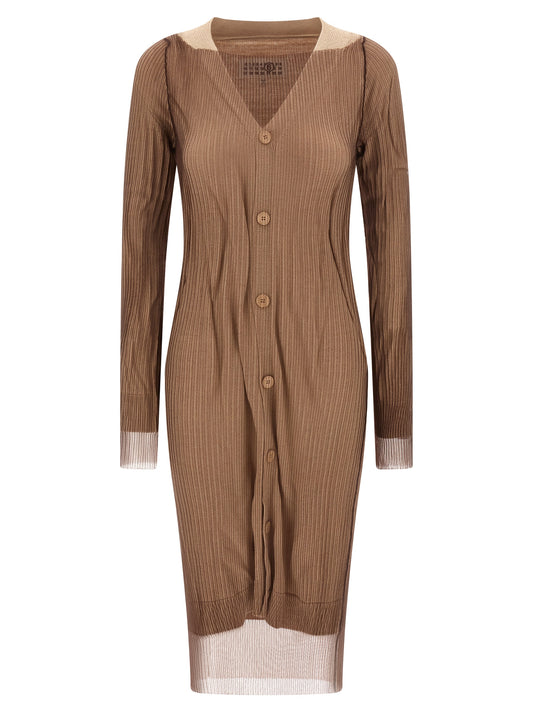 Dress by MM6 Maison Margiela for women in polyamide & mesh beige & transparent features an eye catching silhouette with a sophisticated v-neck boat neckline, elegant , and a refined midi for a eye catching aesthetic.