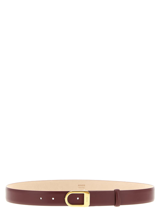 Belt by Khaite for women in calfskin & brass bordeaux & gold features a bohemian chic silhouette, showcasing the bohemian chic Calfskin & Brass Belt design with a sophisticated bohemian chic finish.