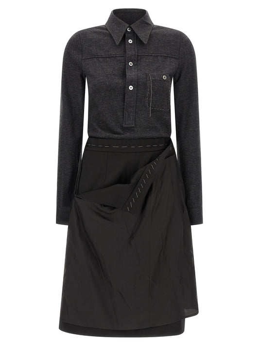 Dress by Maison Margiela for women in cupro & virgin wool gray features an sultry silhouette defined by a asymmetric neckline and , falling to an sultry midi for a sultry look.