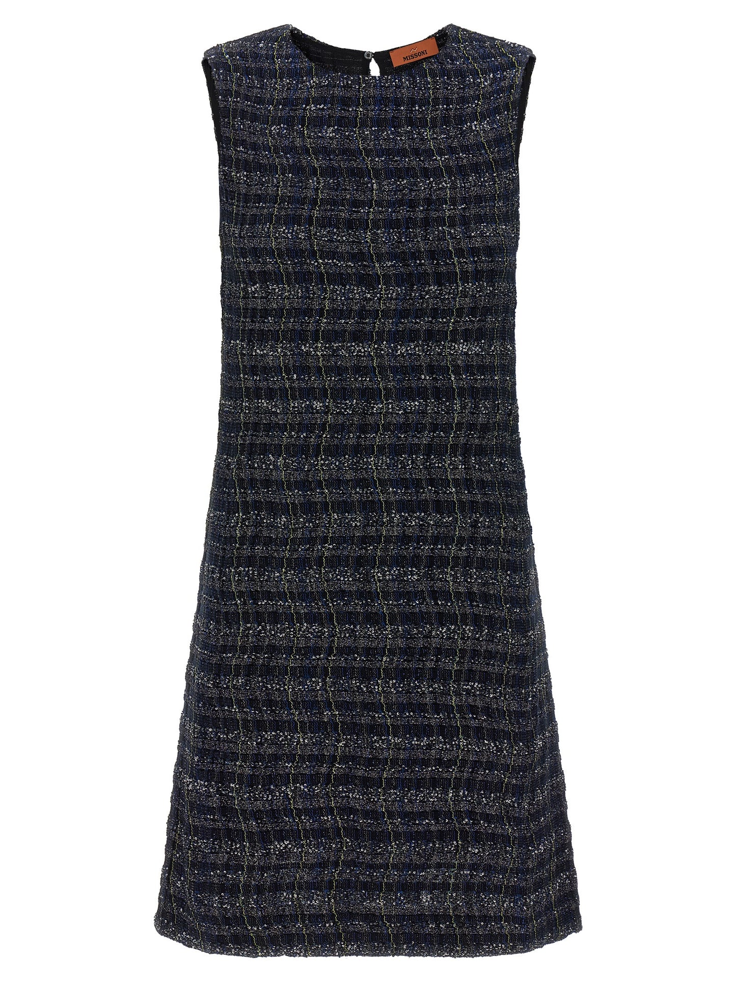 Dress by Missoni for women in poly cotton viscose metallized fiber wool multicolor & patterned features an sultry silhouette defined by a crew neckline and sleeveless, falling to an sultry short mini for a sultry look.
