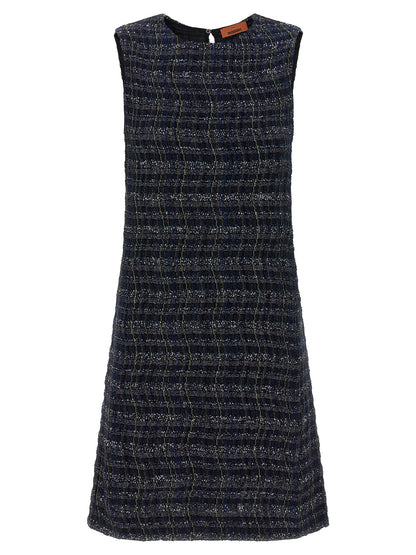 Dress by Missoni for women in poly cotton viscose metallized fiber wool multicolor & patterned features an sultry silhouette defined by a crew neckline and sleeveless, falling to an sultry short mini for a sultry look.
