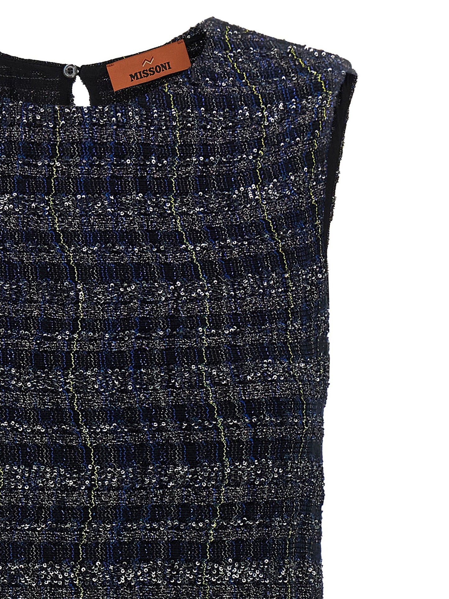 Dress by Missoni for women in poly cotton viscose metallized fiber wool multicolor & patterned features an cute silhouette, detailed with a and crew neckline that elegantly flows into a cute short mini.