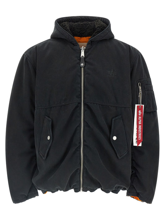 Hooded Bomber Jacket by PURPLE for men in cotton canvas & nylon multicolor & purple presents a effortlessly chic silhouette, showcasing a sophisticated hooded neckline and premium pockets, hooded & insulated for a truly effortlessly chic finish.
