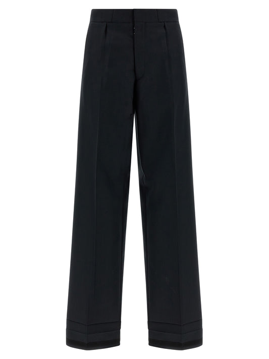 Trousers by Maison Margiela for women in wool & polyester black, herringbone & signature presents a smart silhouette, meticulously detailed with a smart straight-leg & wide, a smart long, and a smart .