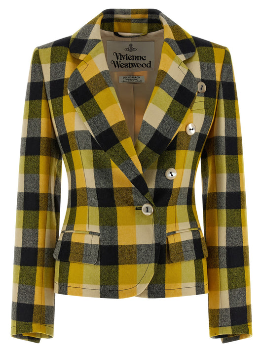 Blazer by Vivienne Westwood for women in virgin wool bicolour, pearl, yellow & patterned features an stylish silhouette, showcasing a sophisticated and stylish for a truly stylish finish.