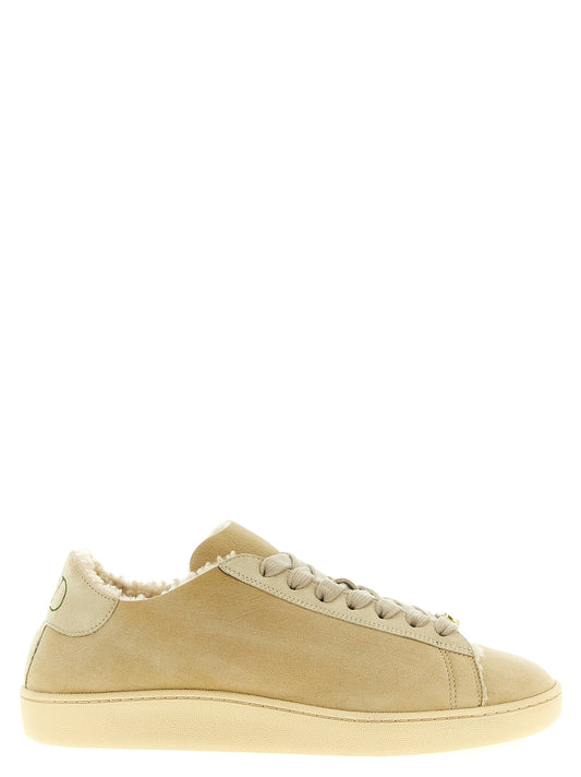 Sneakers by Valentino Garavani for men in plush rubber & suede goat leather beige & signature features a chic design, perfectly showcasing the chic low-top style of this V Logo Men's Low Top Plush Rubber & Suede Goat Leather Sneakers.