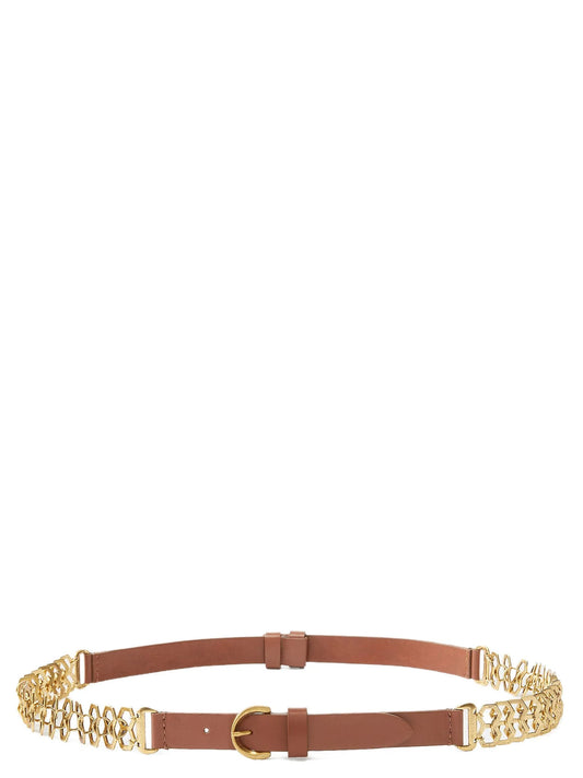 Belt by PINKO for women in calfskin leather brown & gold features an artisanal silhouette, showcasing the artisanal craftsmanship of the Calfskin Leather Belt collection for a artisanal finish.