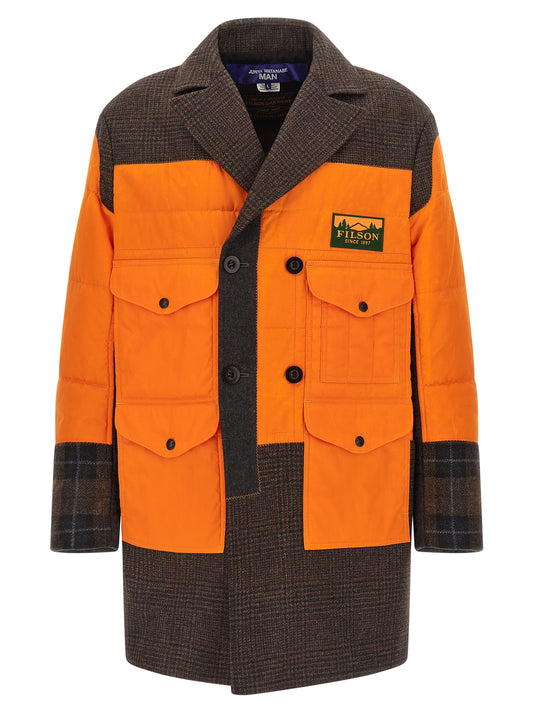 Overcoat by Junya Watanabe for men in cotton multicolor & patchwork showcases a architectural silhouette, artfully detailed with a distinctive split lapel neckline and functional insulated for a architectural finish.