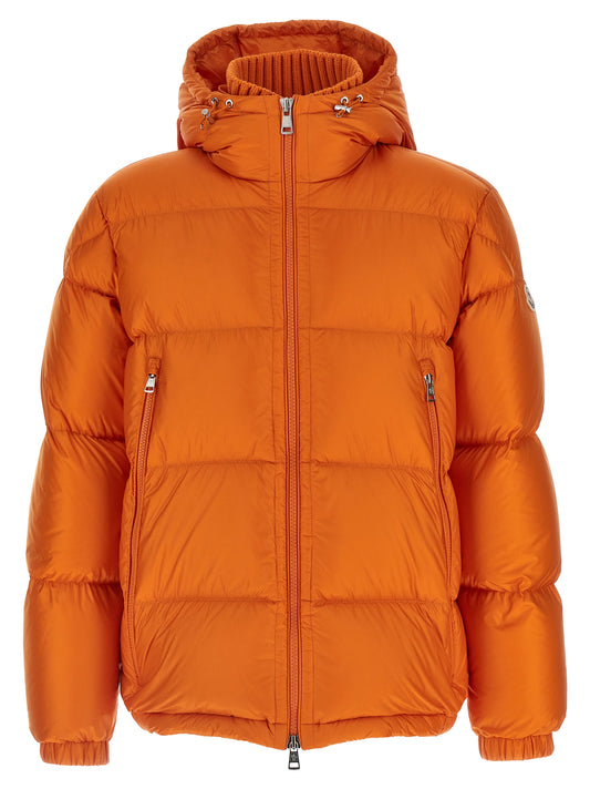 This Hooded Puffer Jacket by Moncler for men in polyamide wool & goose-down orange & signature exhibits a edgy silhouette, meticulously detailed with functional hooded & insulated and a edgy hooded high-neck neckline for a edgy finish.