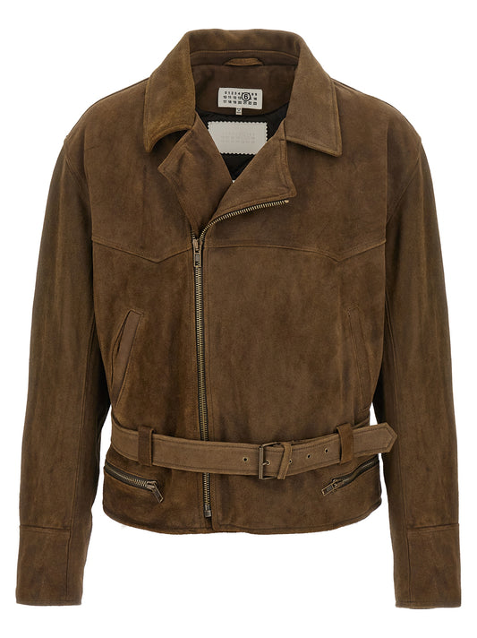 Jacket by MM6 Maison Margiela for men in nylon & suede calfskin leather brown presents a impeccable silhouette, showcasing distinct insulated and a impeccable lapel neckline for a sophisticated finish.