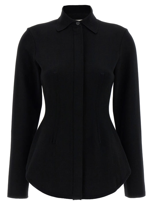 Blouse by Sportmax for women in polyester & viscose black, featuring a nuanced long-sleeve and nuanced asymmetric neckline for a sophisticated finish.