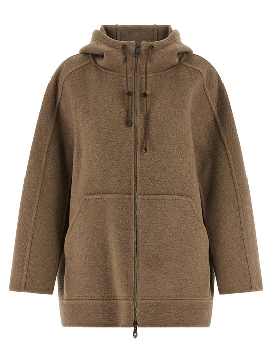 Hooded Overcoat by Max Mara for women in cashmere & leather brown features an satoral silhouette, showcasing a sophisticated hooded neckline and satoral pockets & hooded for a premium, timeless look.