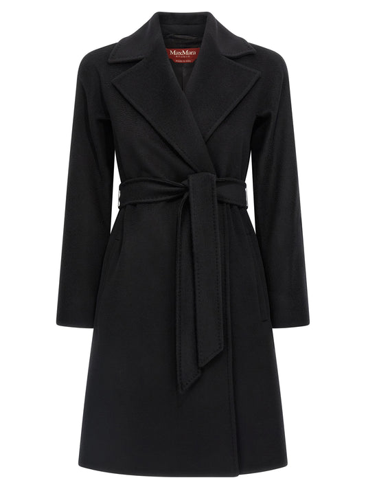 Overcoat by Max Mara for women in viscose & virgin wool black & monogram showcases a architectural silhouette, artfully detailed with a distinctive wrap lapel neckline and functional pockets for a architectural finish.