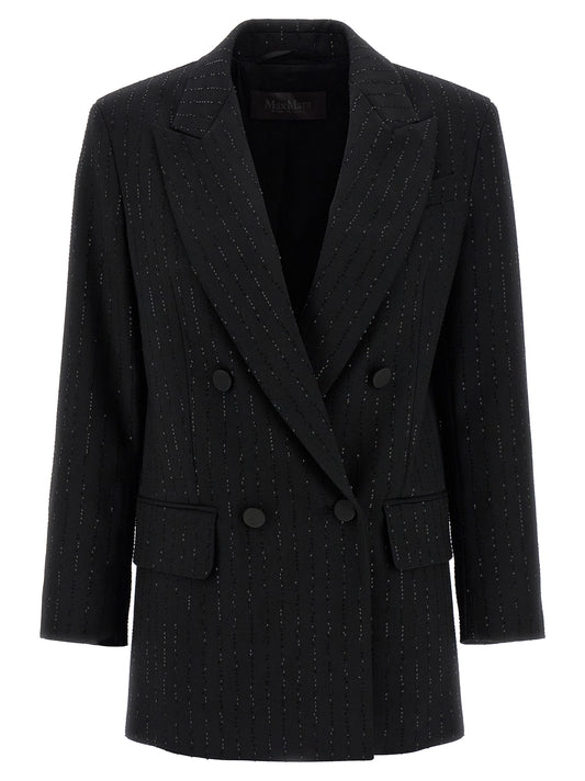 This Blazer by Max Mara for women in virgin wool polyamide & sequins black, jacquard & monogram presents a tailored silhouette, meticulously tailored with a tailored and distinctive for a tailored finish.