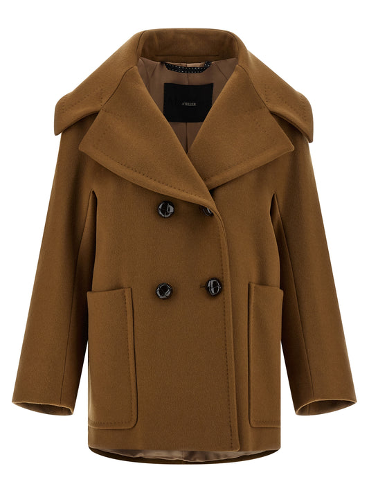 Overcoat by Max Mara for women in cashmere & cupro brown features a contemporary silhouette showcasing a contemporary lapel neckline and refined for a sophisticated finish.