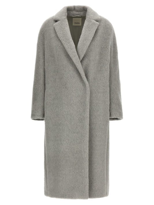 Overcoat by S Max Mara for women in cashmere alpaca leather & wool gray presents a luxurious silhouette, showcasing a luxurious wrap split lapel neckline and sophisticated pockets for a premium, luxurious look.