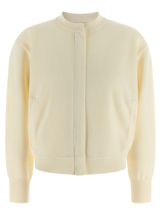 Cardigan by Max Mara for women in virgin wool white features an impeccable silhouette, showcasing a sophisticated high-neck neckline and long-sleeve detail for a truly impeccable finish.