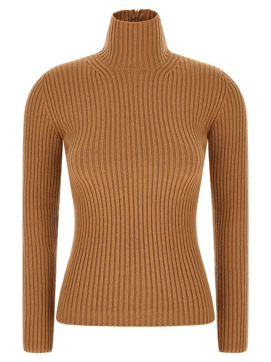 Cardigan by Max Mara for women in polyamide & cashmere beige features a nuanced silhouette with a refined turtle high-neck neckline and nuanced long-sleeve detailing for a sophisticated look.