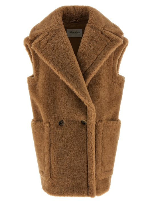 Vest by Max Mara for women in wool & silk beige, camel, jacquard & monogram features a chic silhouette, expertly detailed with a refined lapel neckline and premium pockets for a truly chic look.