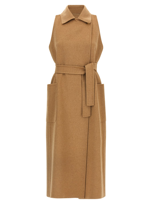 Overcoat by Max Mara for women in wool beige & camel presents a luxurious silhouette, showcasing a luxurious split lapel neckline and sophisticated for a premium, luxurious look.