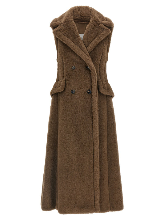 Overcoat by Max Mara for women in silk alpaca wool & leather brown features a cosy chic silhouette, artfully detailed with a sophisticated wrap lapel neckline and premium pockets for a cosy chic finish.